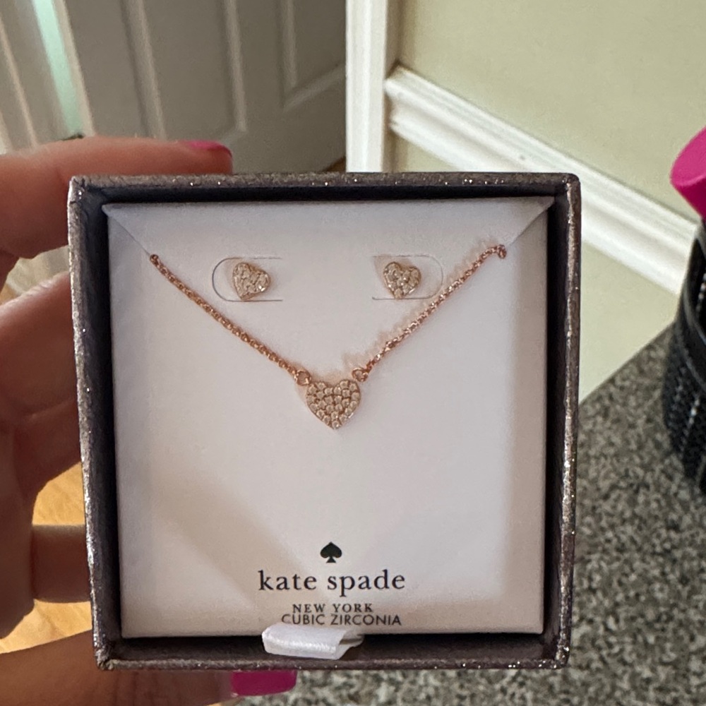 Kate Spade Rose Gold Mini Pave Heart Necklace and Stud Earrings Set